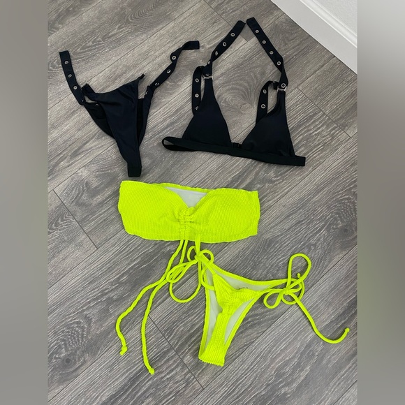 PrettyLittleThing Other - Bikini Bundle Tie Front Bandeau neon thong bikini & Black Buckle Straps Bikini